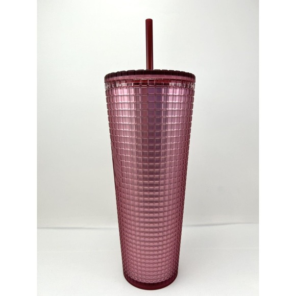 Starbucks Venti Dusty Rose Pink Shimmer Grid Tumbler 24oz Cold Cup 2022 Berry - Picture 2 of 10